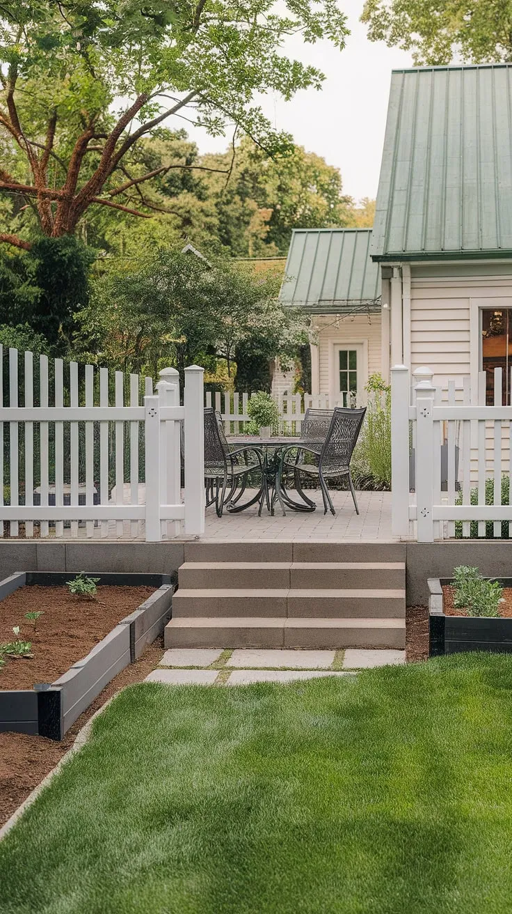 A well-kept lawn, patio, and garden bed create a peaceful outdoor retreat