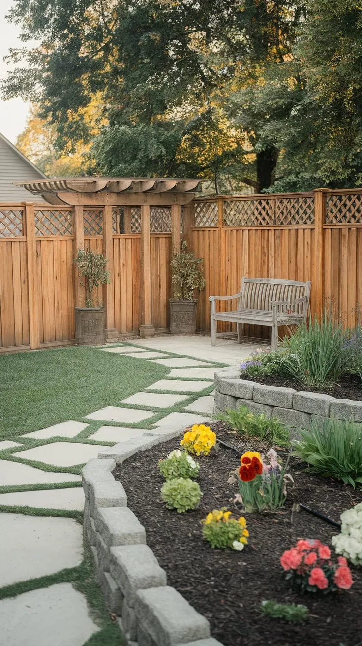 A charming wooden fence encloses a serene backyard oasis, complete with stone path, flourishing garden, and peaceful pergola.