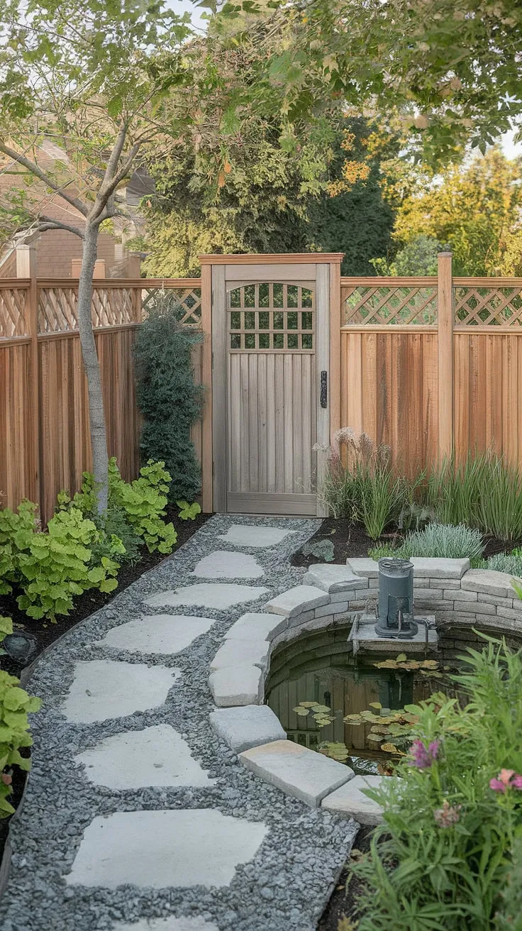 Elegant landscaping features a vintage wooden fence, stone path, and tranquil pond, creating a serene backyard oasis
