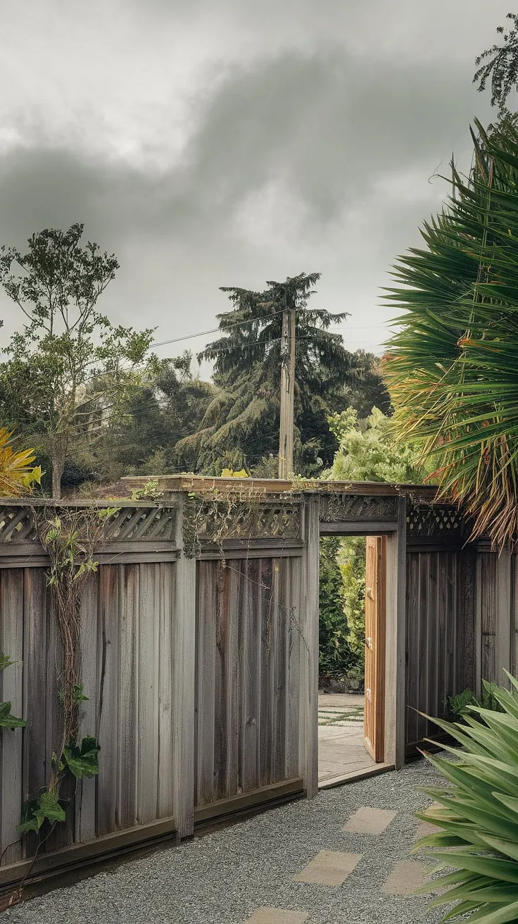 Overgrown ivy and vines climb a weathered wooden fence bordering a tranquil, secluded backyard garden