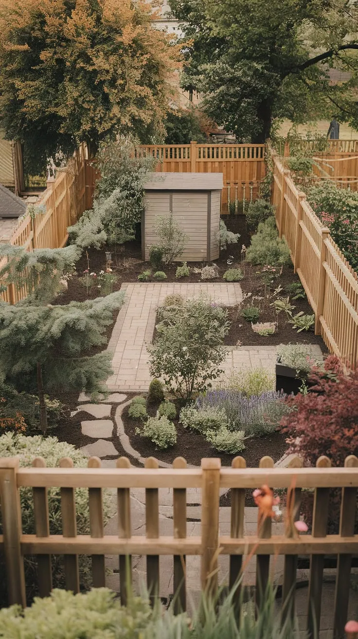 Warm sunlight bathes a lush backyard, its wooden fence framing a tranquil scene of plants, path, and shed.
