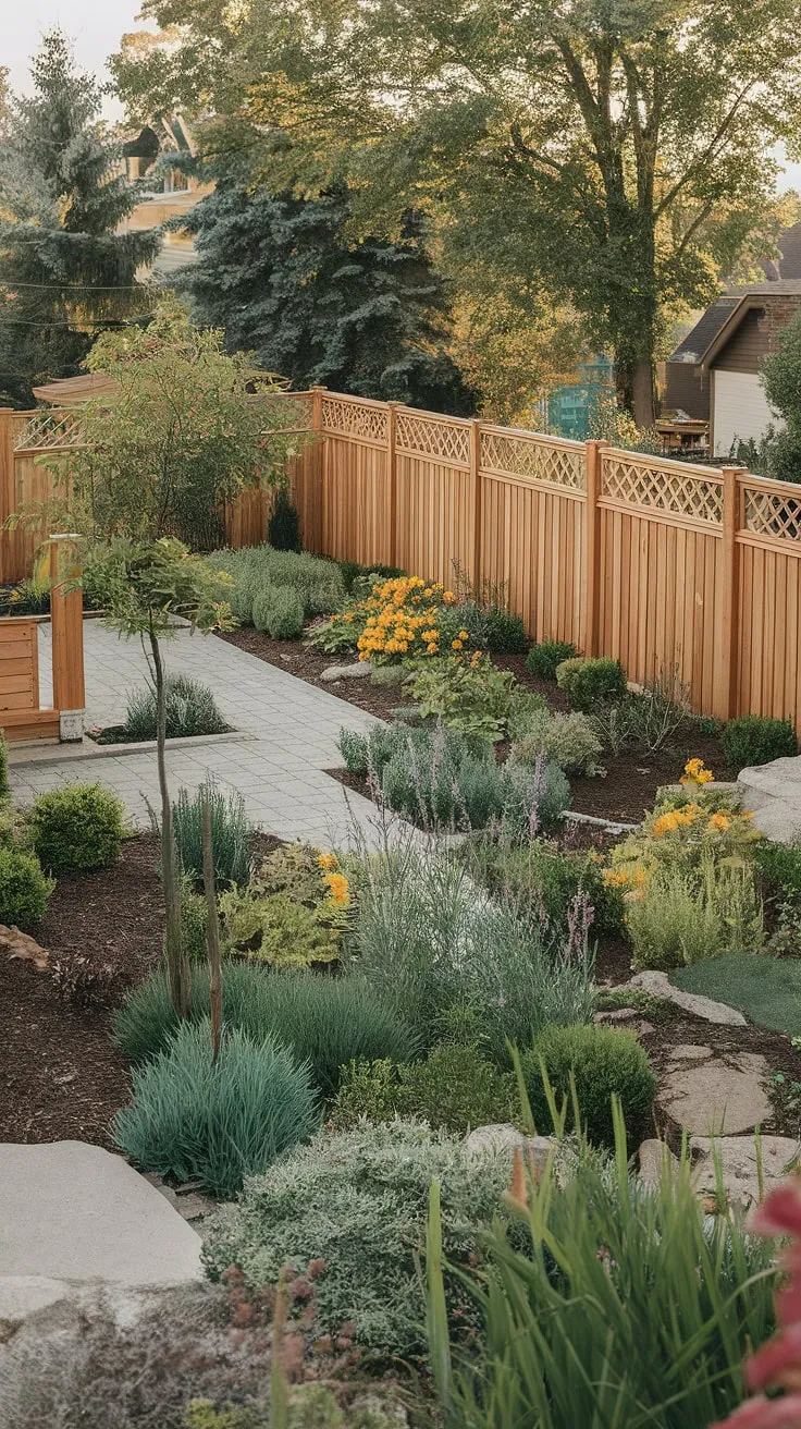 The well-maintained yard, bordered by a wooden fence, offers a tranquil escape to a charming wooden structure.