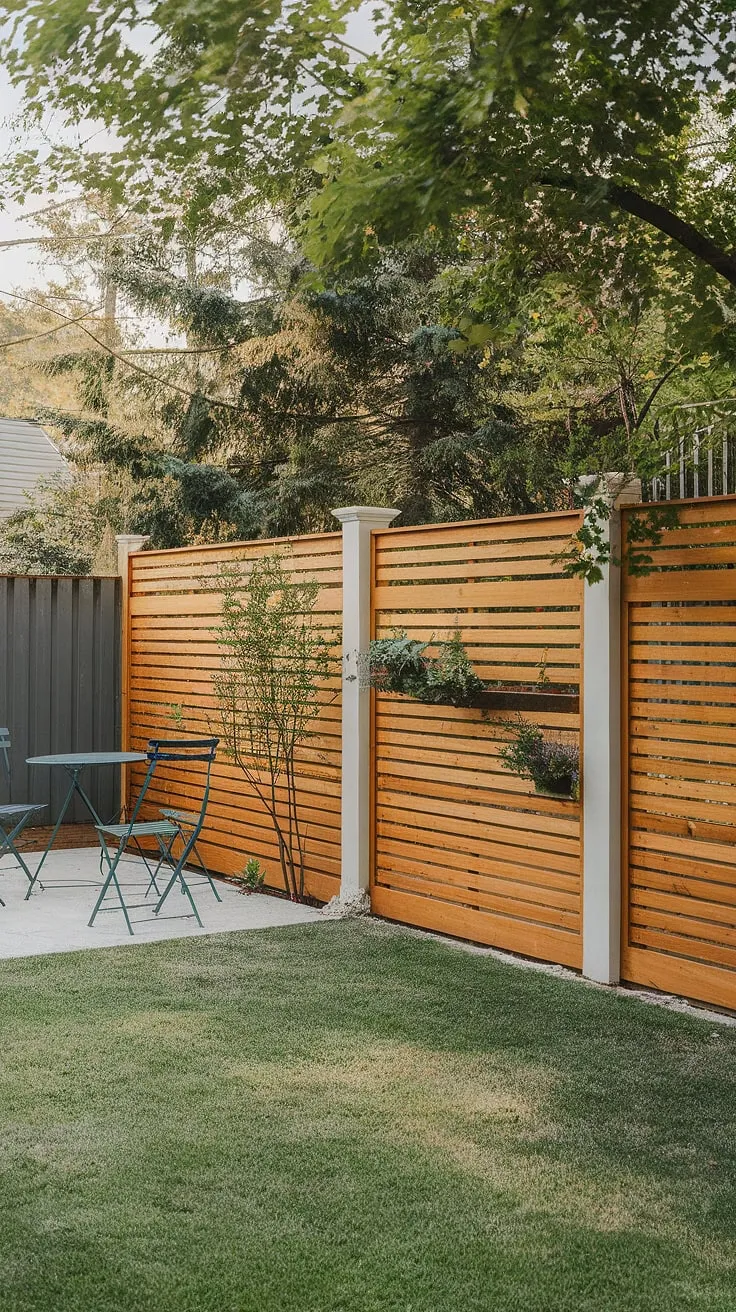 The idyllic backyard features a white wooden fence bordering a small grassy area, patio, and trees.