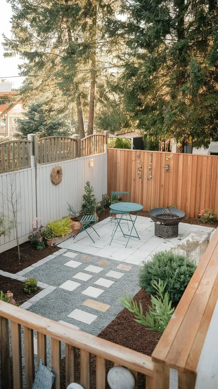 A charming backyard oasis features a white-painted fence, patio furniture, a fire pit, and thoughtfully landscaped greenery.