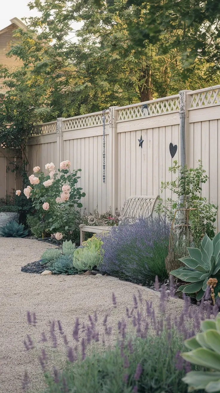 A well-maintained garden, featuring roses, lavender, and succulents, is beautifully framed by a decorative white wooden fence.
