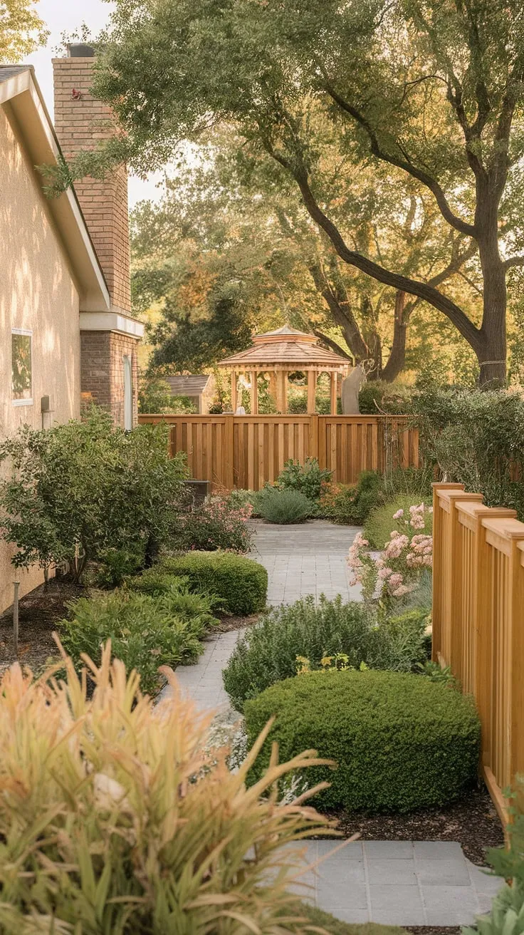 A well-maintained backyard with a wooden fence and paved pathway evokes warmth and tranquility near a stucco home