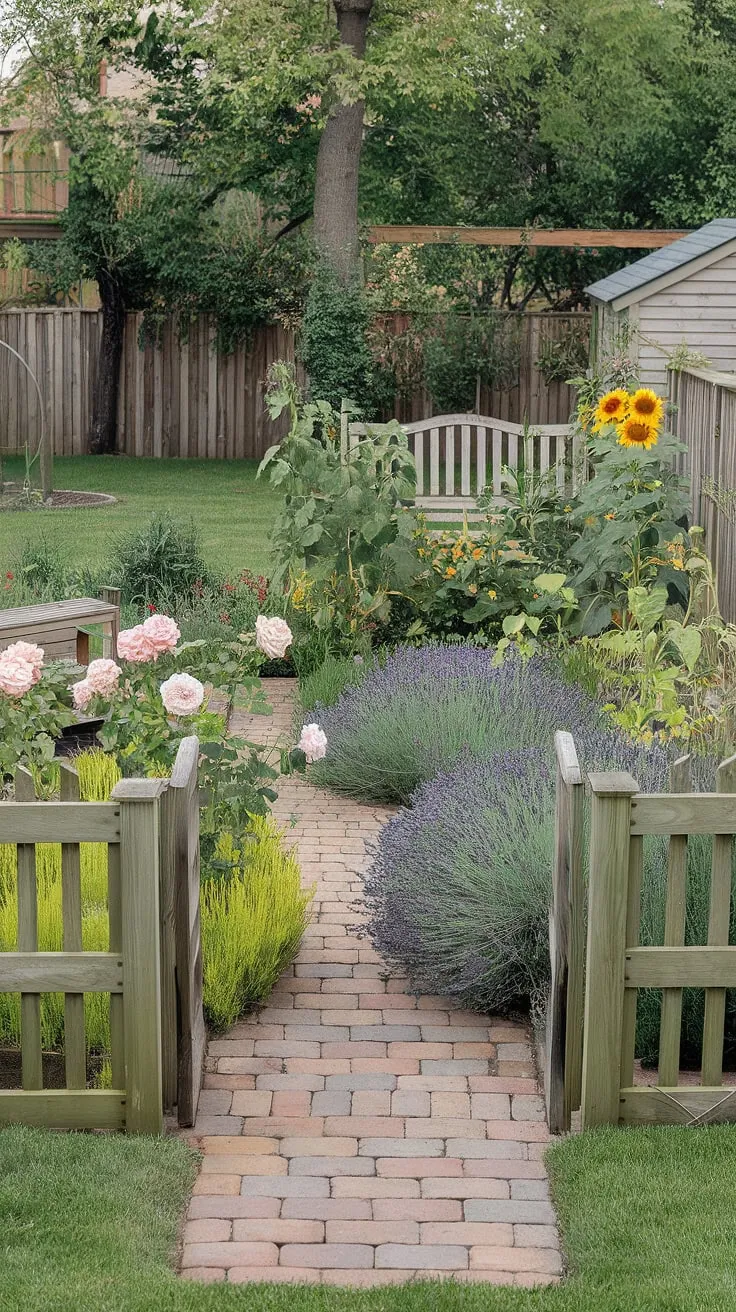 A tranquil backyard oasis features a brick path winding through vibrant flowerbeds to a wooden bench nestled near a shed and lush lawn