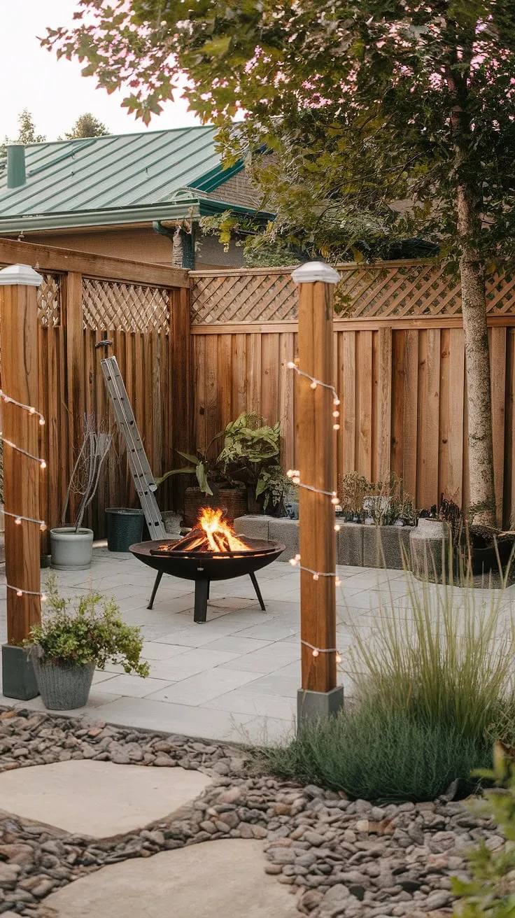 Evening ambiance illuminates a charming backyard oasis with a fire pit and stone patio, perfect for relaxation