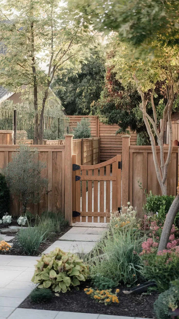 A tranquil backyard scene, featuring a wooden gate and lush landscaping, evokes a sense of peaceful escape