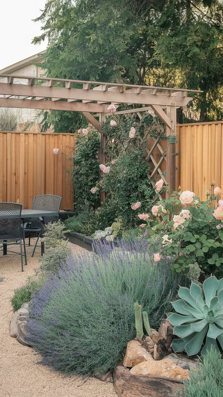 A charming backyard, enclosed by a wooden fence, boasts a pergola, gravel path, and flourishing roses, lavender, and succulents.