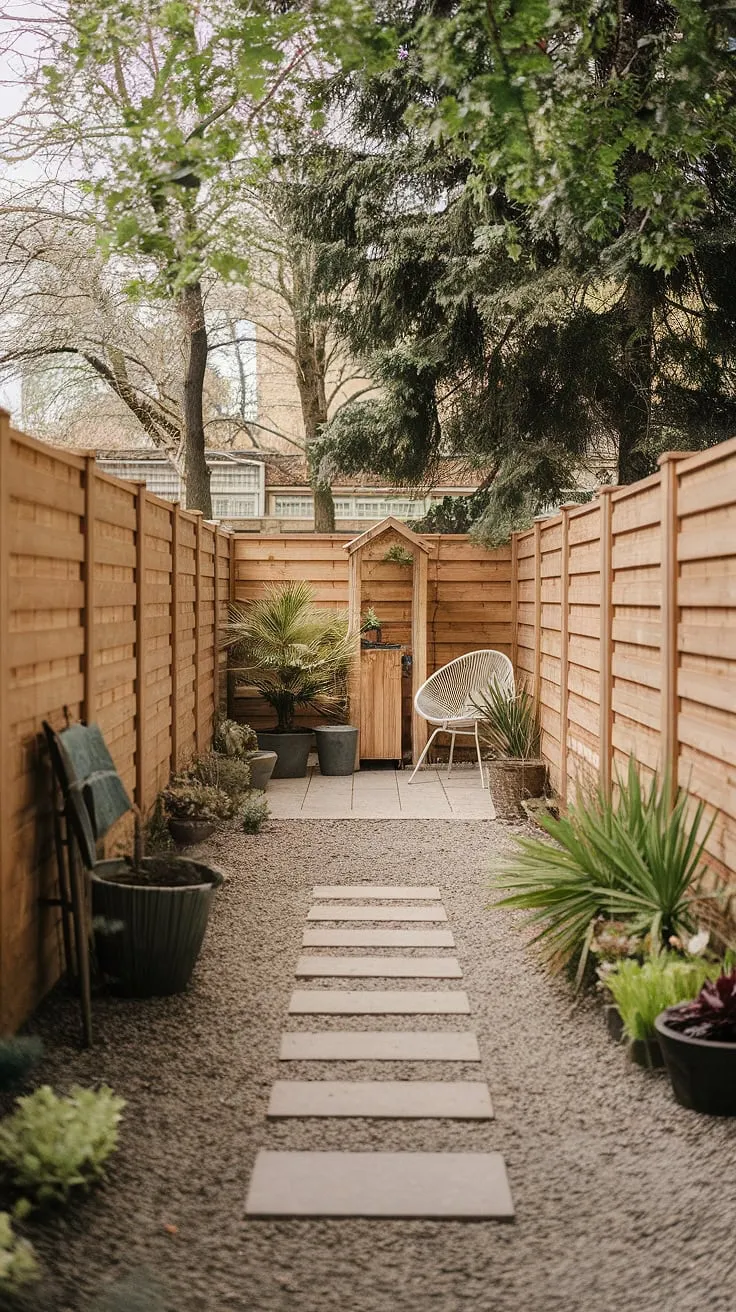 A peaceful backyard retreat features a wooden shed, potted plants, and a gravel path leading to serenity.