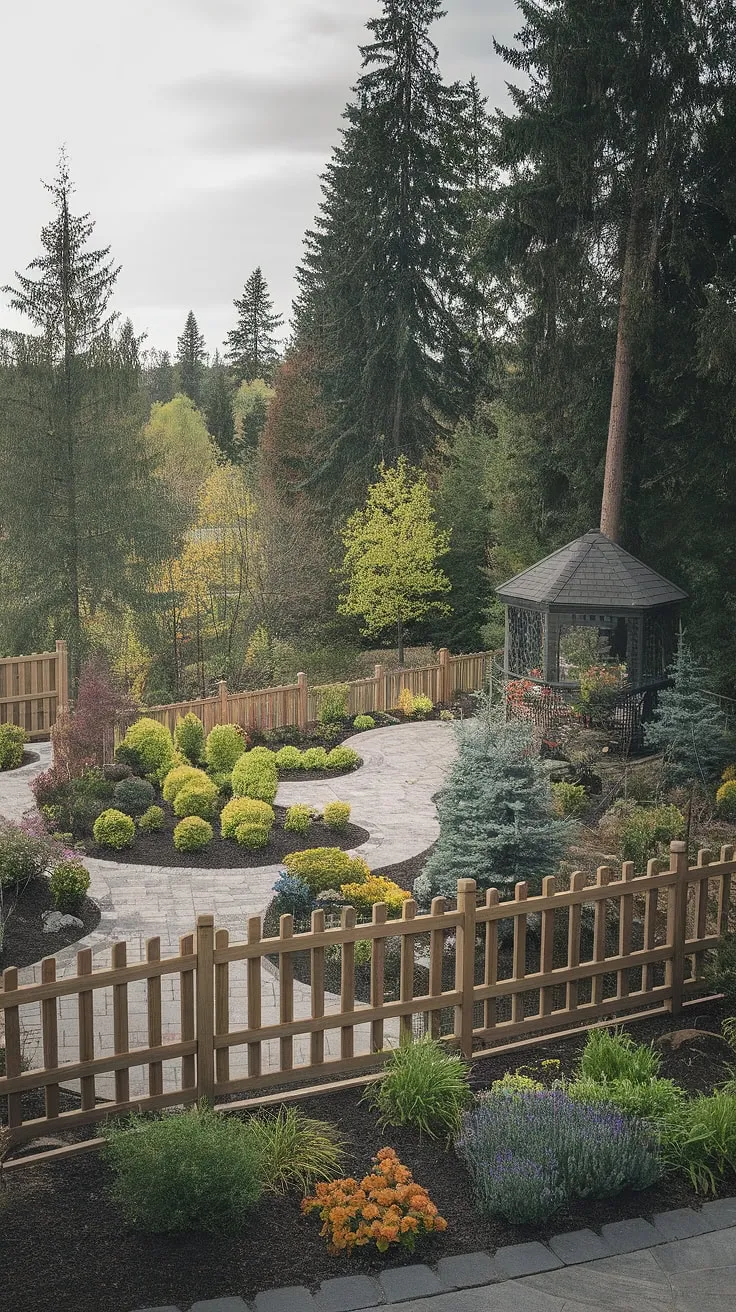 A weathered wooden fence encloses a lush, secluded backyard oasis complete with a paved path and gazebo.