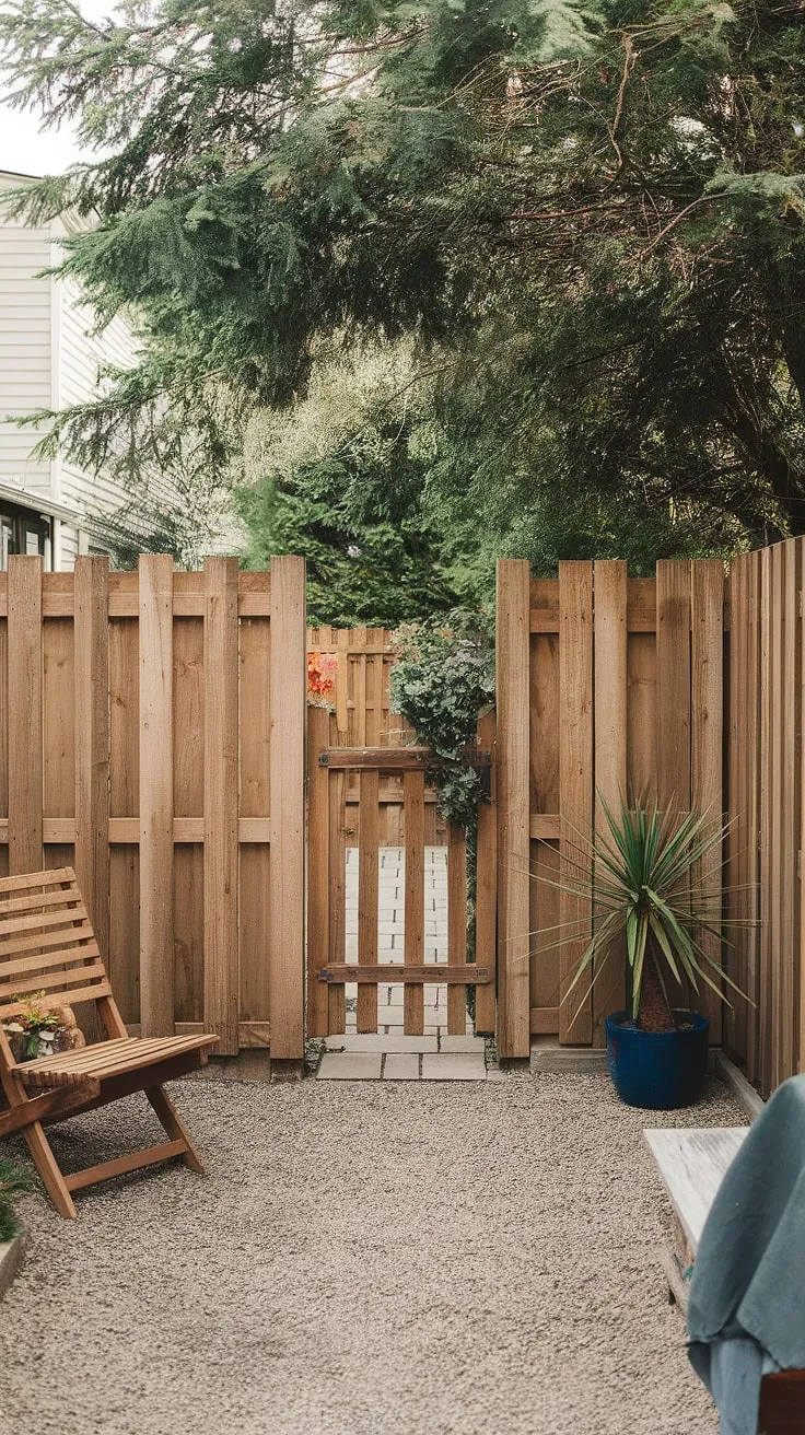 A small, gravel-path backyard enclosed by a wooden fence offers a peaceful retreat E