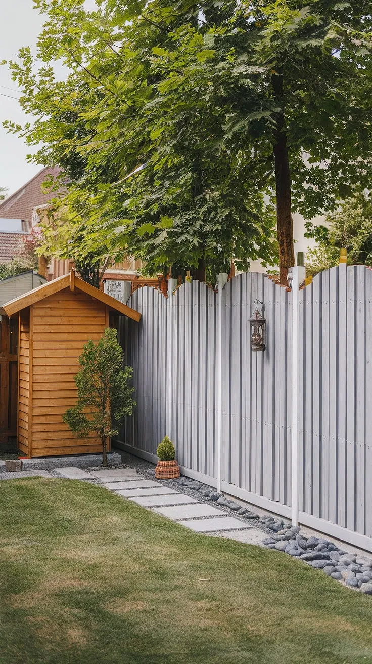 A charming backyard, enclosed by a tall white wooden fence adorned with details, offers a peaceful retreat from neighboring houses.