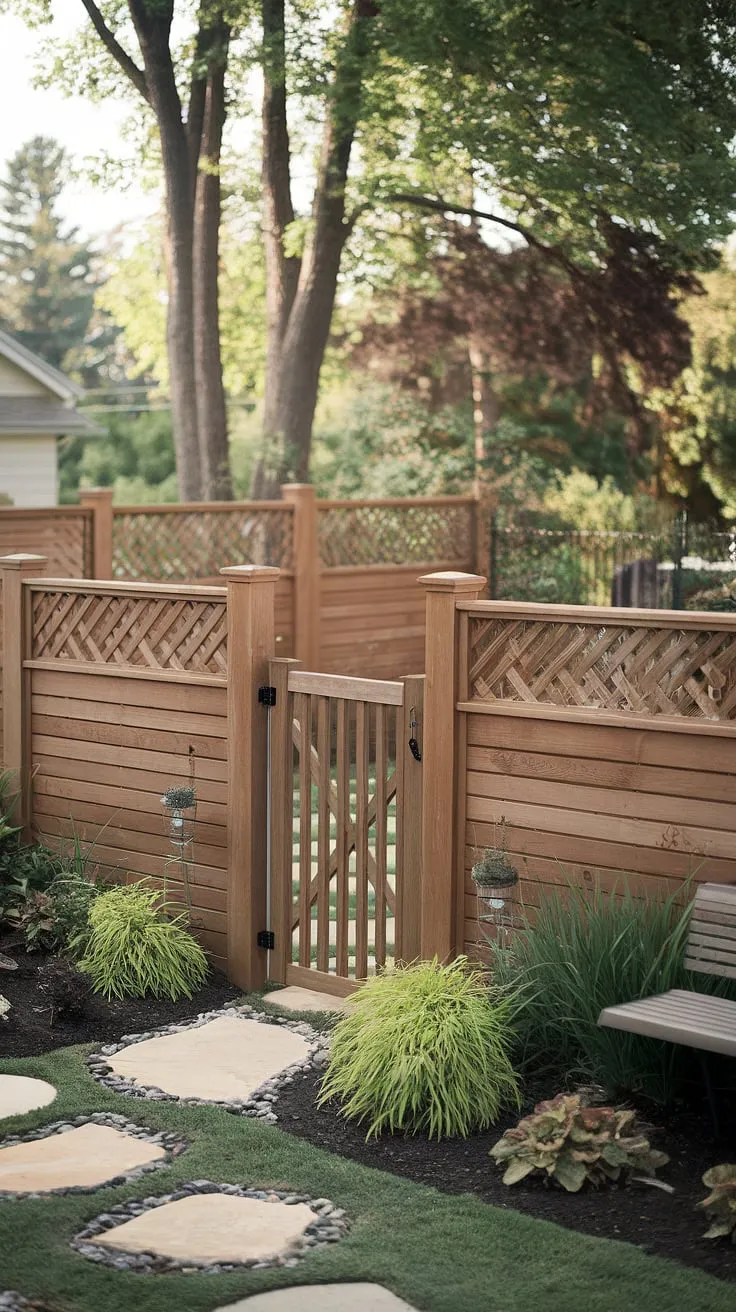 A serene backyard scene unfolds behind a wooden fence, complete with a stone path, lush garden, and inviting bench.