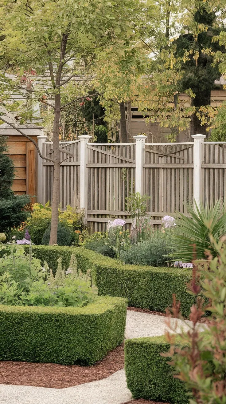 A meticulously landscaped backyard, featuring a white fence and winding gravel path, offers a tranquil retreat.