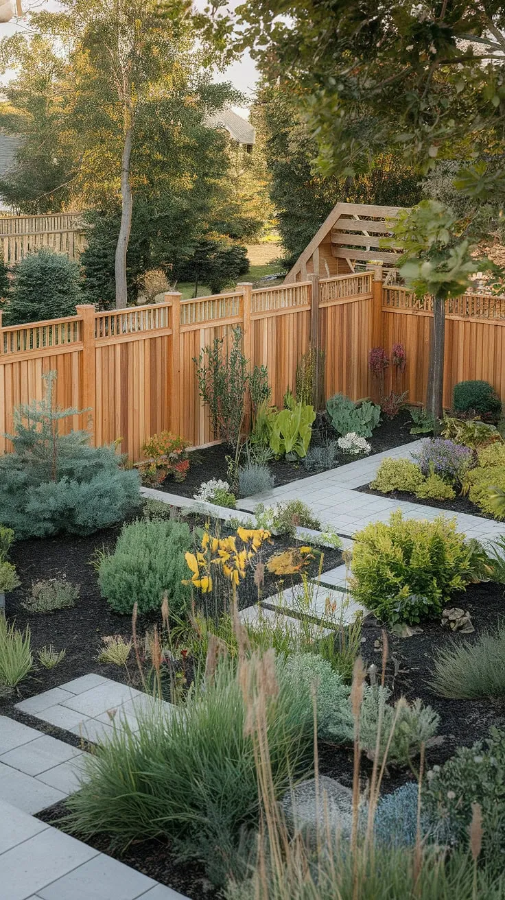 A meticulously landscaped backyard, enclosed by a wooden fence and leading to a wooden structure, evokes a sense of peaceful retreat