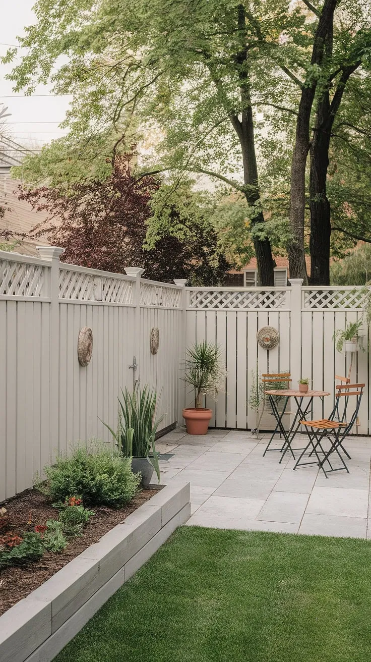 The idyllic backyard scene, complete with a white fence and inviting seating, evokes a sense of calm and tranquility.