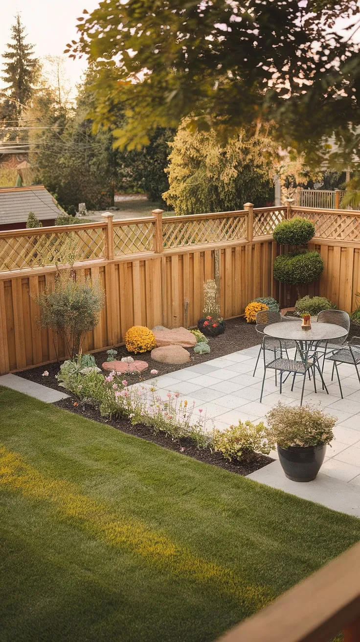 A warm-hued backyard photo evokes feelings of peaceful serenity with its well-tended garden, inviting patio, and charming home in the background