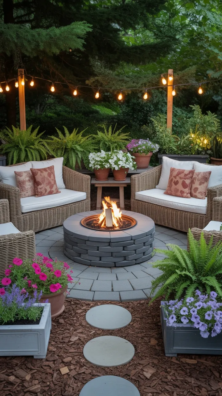 Warm Garden Haven with Stone Fire Pit and Lush Blooms