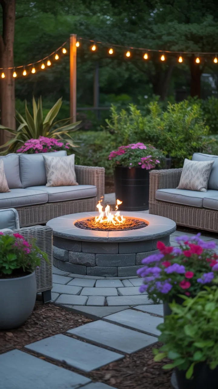 Cozy Garden Fire Pit Lounge Bathed in Warm String Light