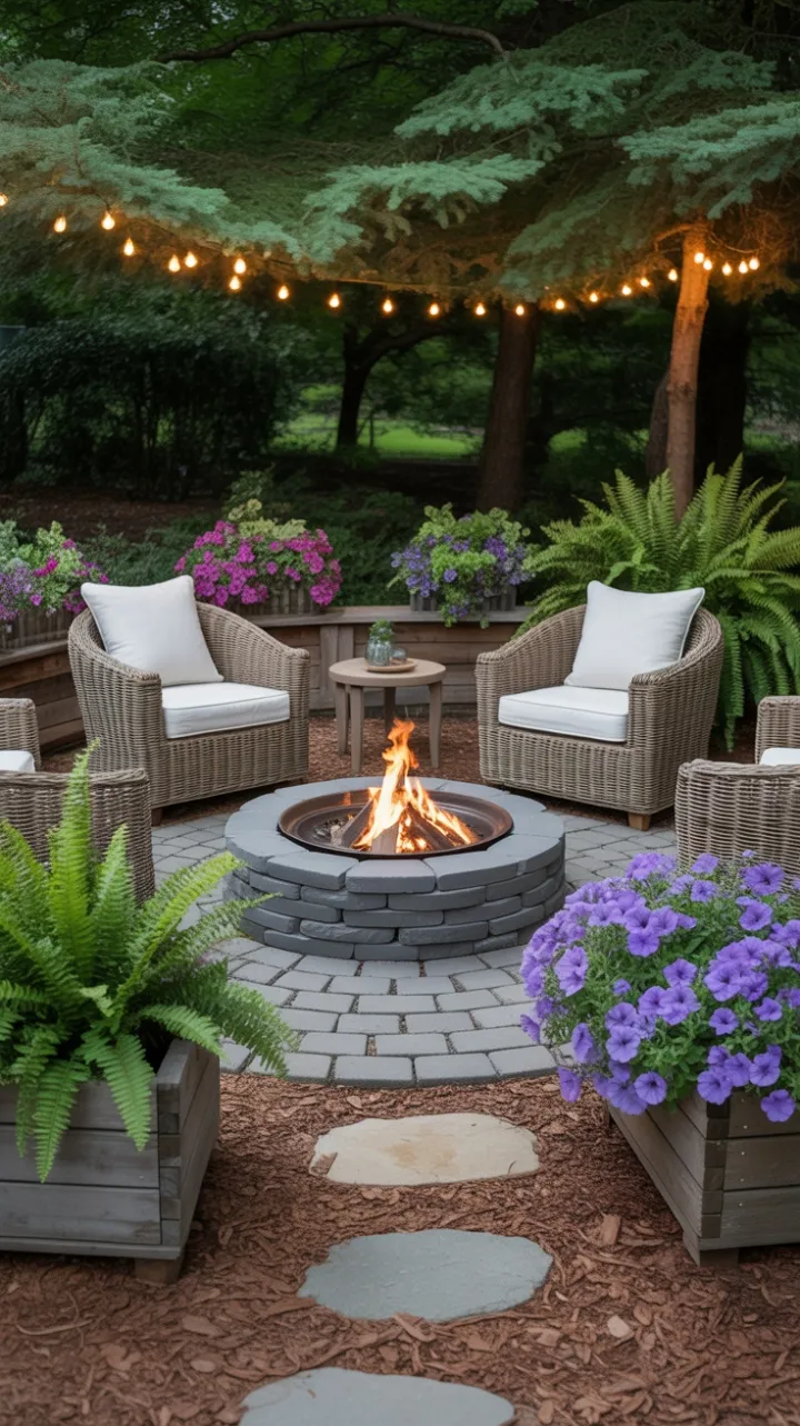 Cozy Garden Fire Pit Retreat with Rattan Seating and Blooming Petunias