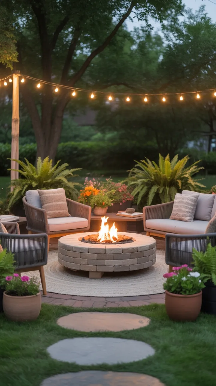 Cozy Evenings by the Stone Fire Pit Under Twinkling Lights