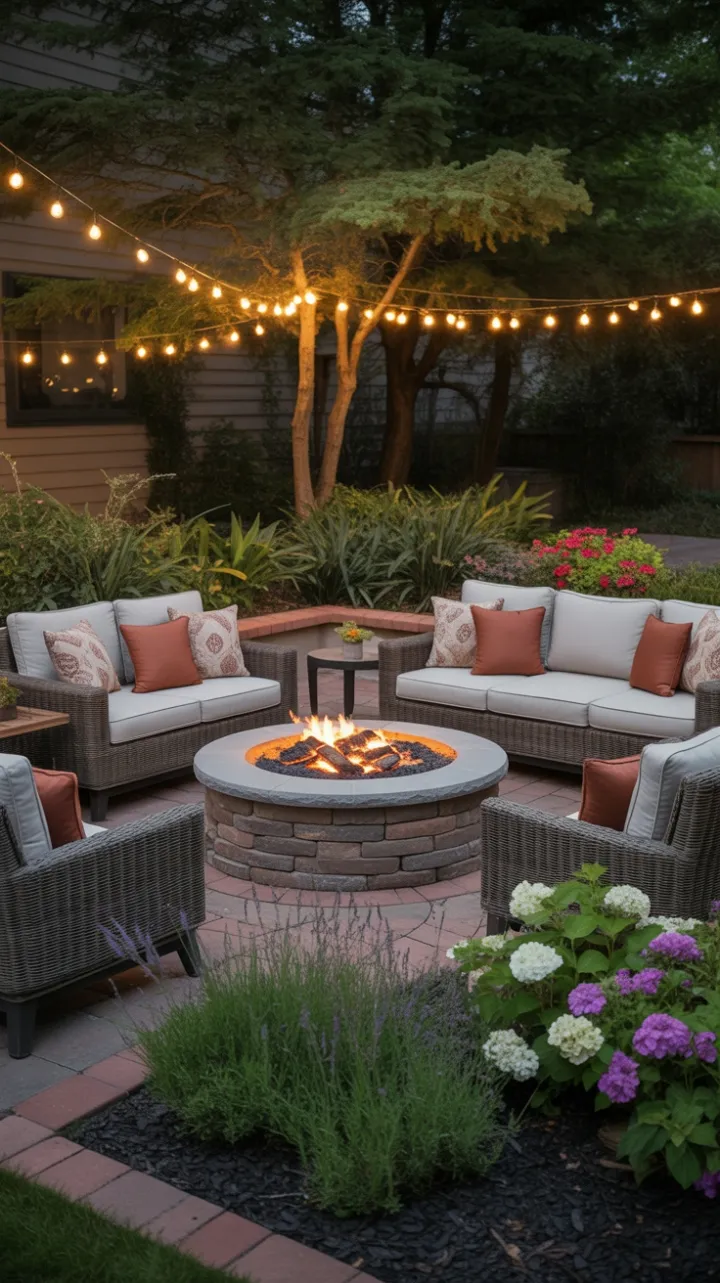 Twilight Garden Lounge Around a Glowing Stone Fire Pit