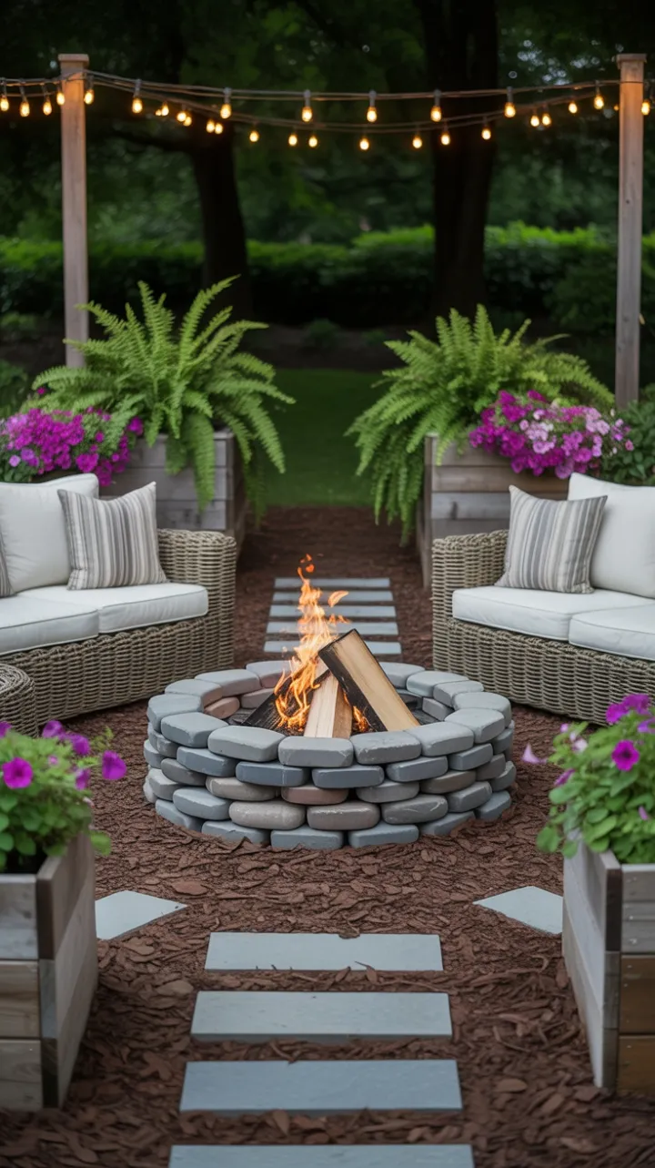 Cozy Stone Firepit Oasis with Rattan Seating and Twinkling Lights