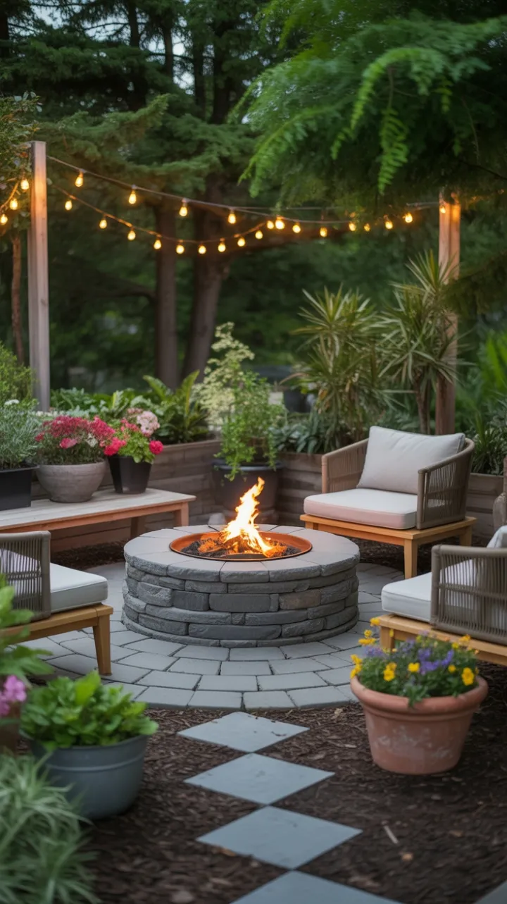 Lush Garden Fire Pit Lounge Lit by Warm String Lights