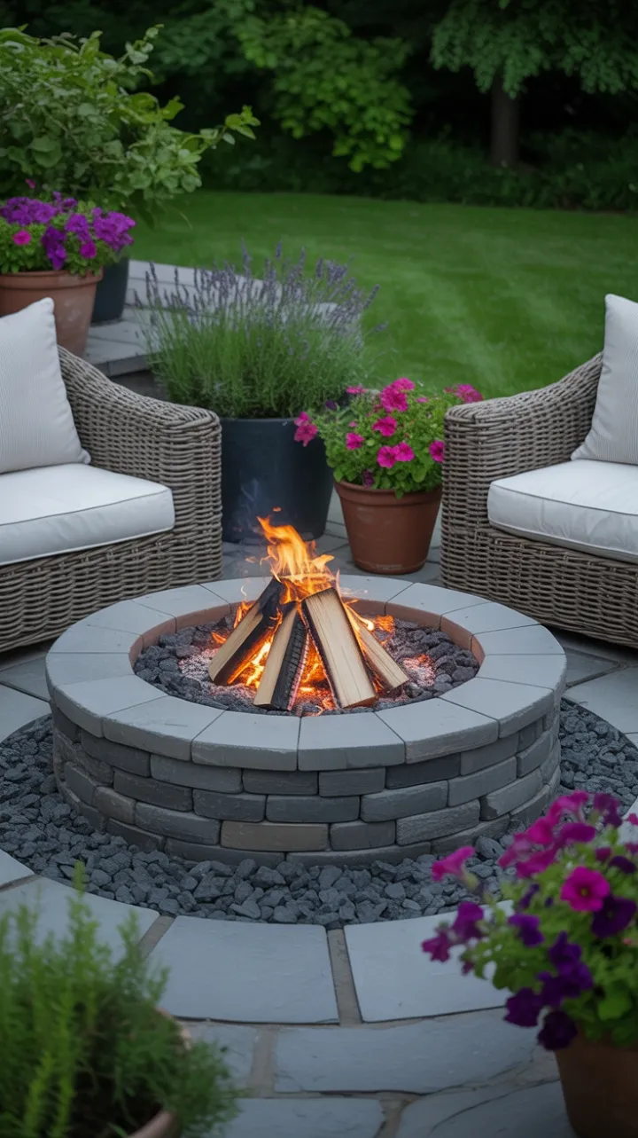Cozy Stone Fire Pit Oasis with Plush Seating and Blooming Lavender