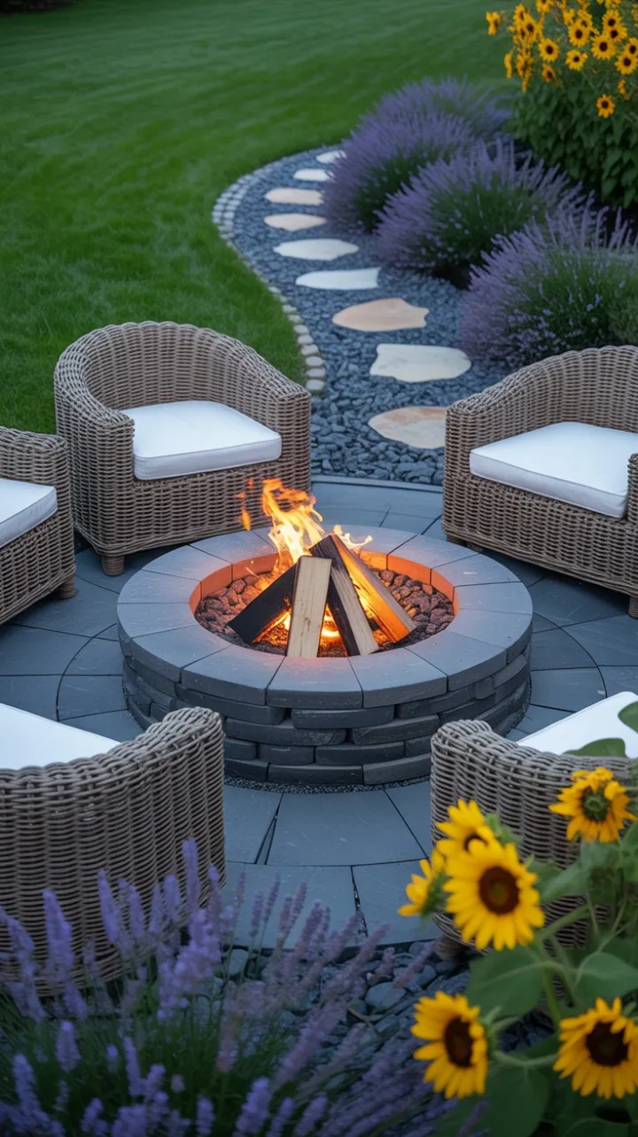 Lavender and Sunflower Nights Around a Stone Fire Pit