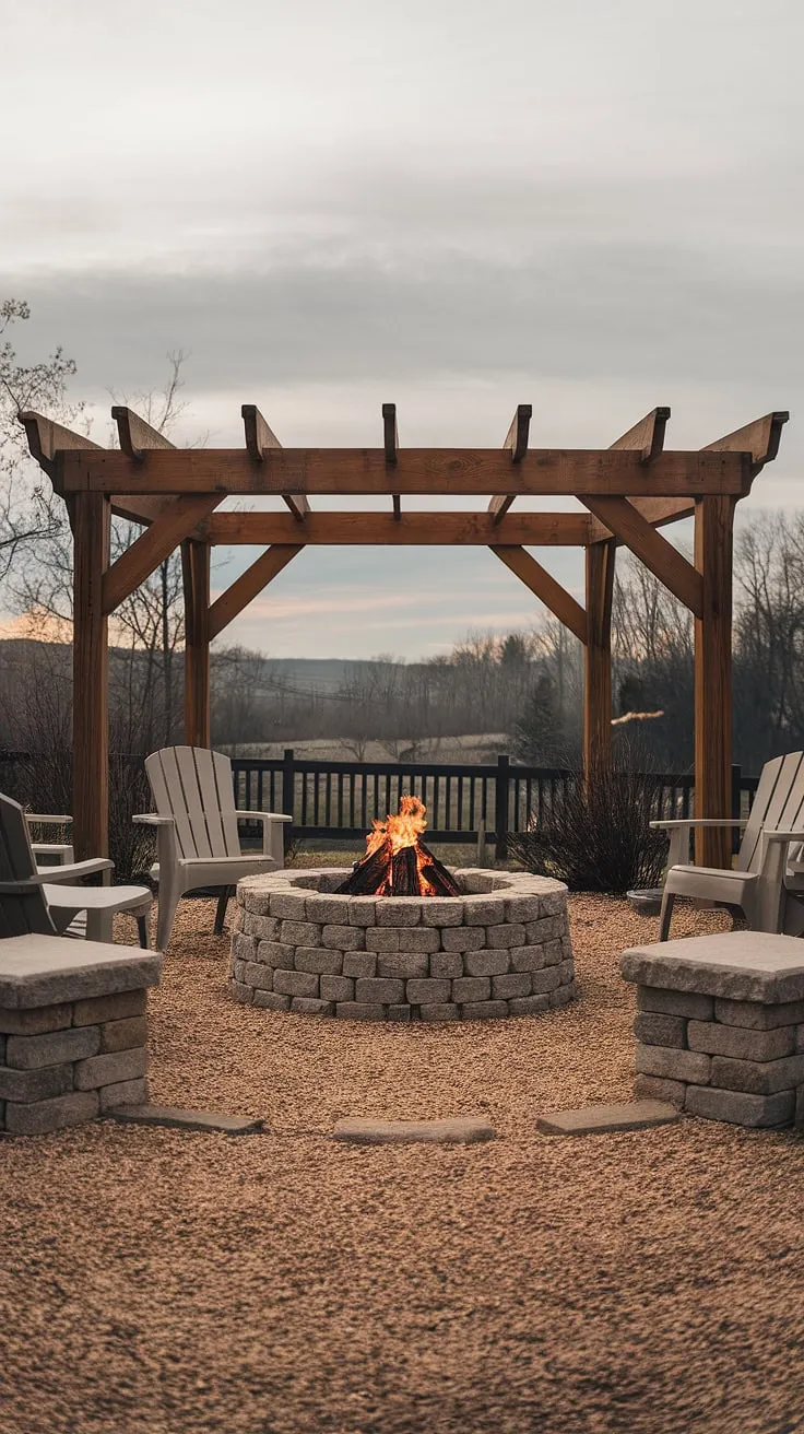 Cozy backyard gatherings are enhanced by a stone fire pit encircled by wooden seating.