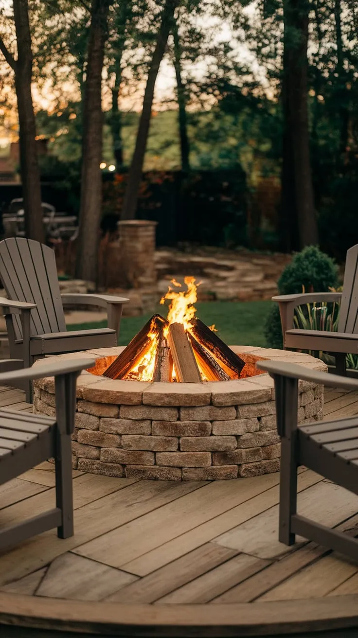 A cozy backyard scene features a glowing fire pit, perfect for evening gatherings.