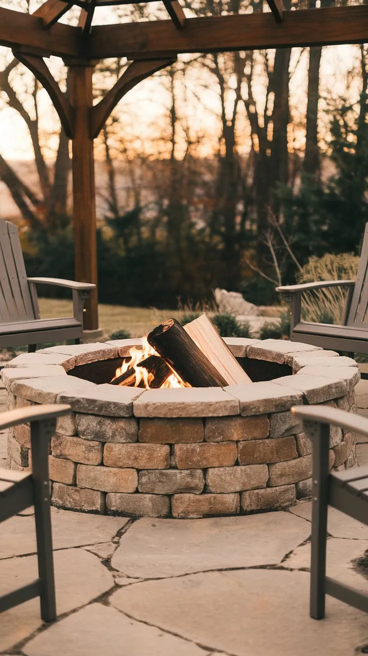 Warm light illuminates a cozy backyard scene featuring a stone fire pit, wooden seating, and the crackling promise of a perfect evening.