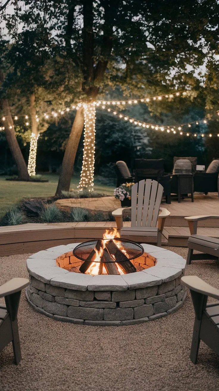 String lights and a crackling fire create a magical outdoor patio scene
