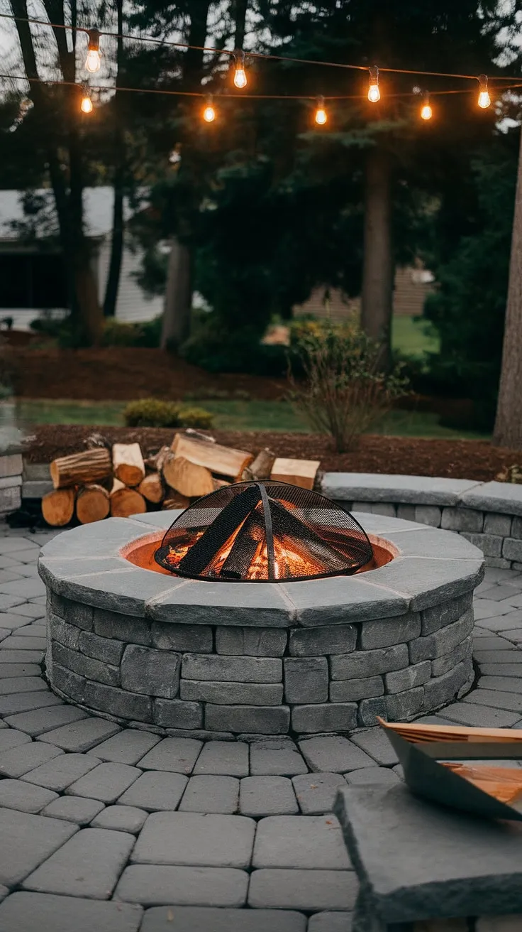 A stone fire pit, complete with firewood and tools, creates a welcoming outdoor space.