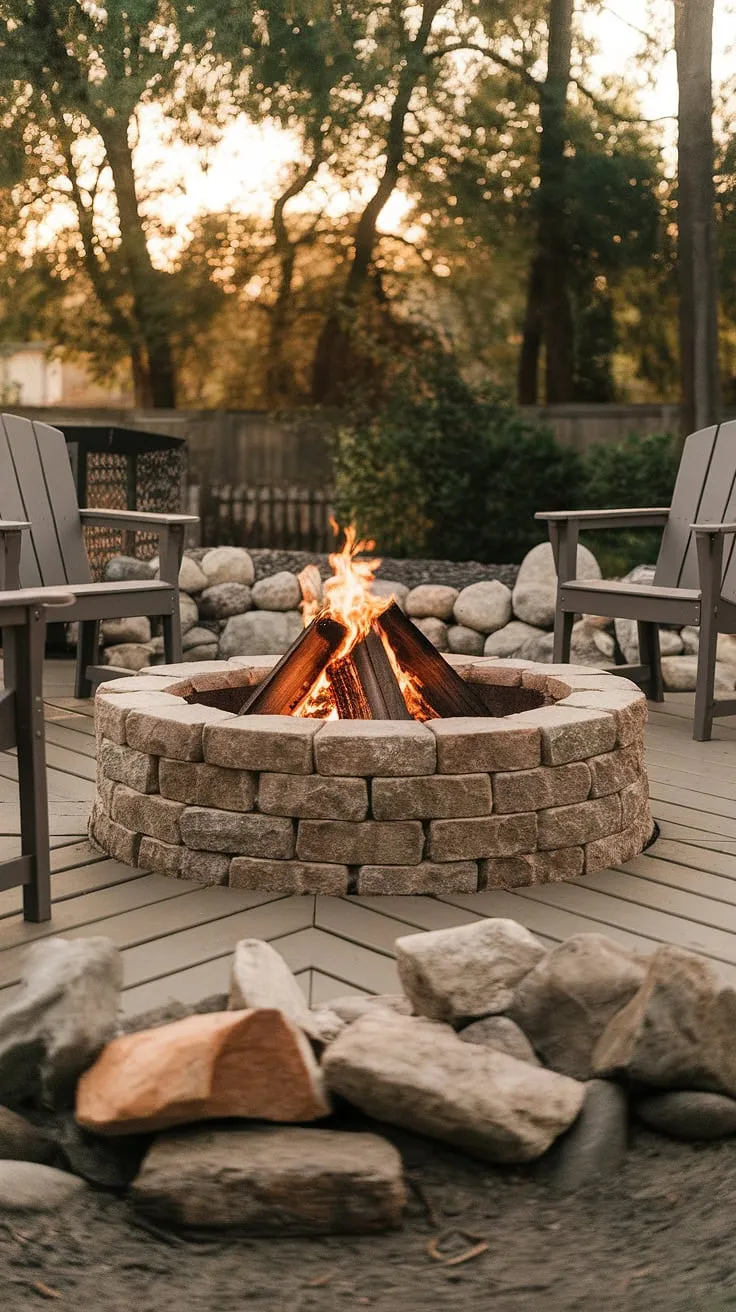 A backyard patio scene evokes feelings of warmth and relaxation with its inviting stone fire pit and surrounding wooden deck.