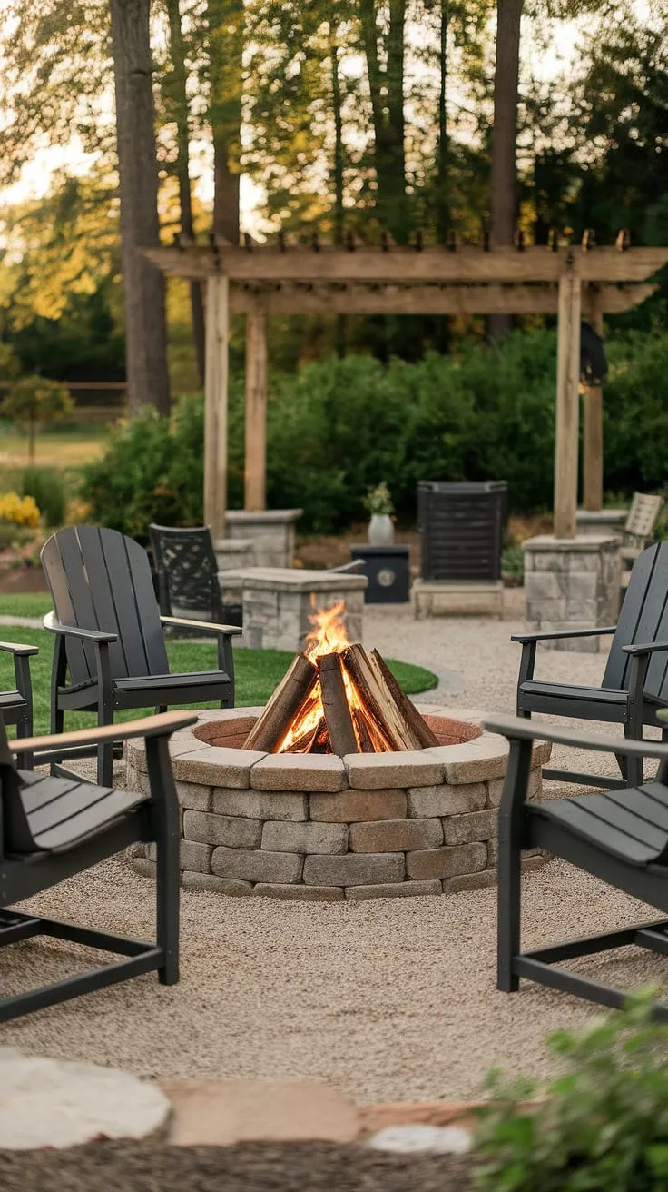 Evening warmth radiates from the stone fire pit, inviting relaxation amidst a tranquil backyard oasis