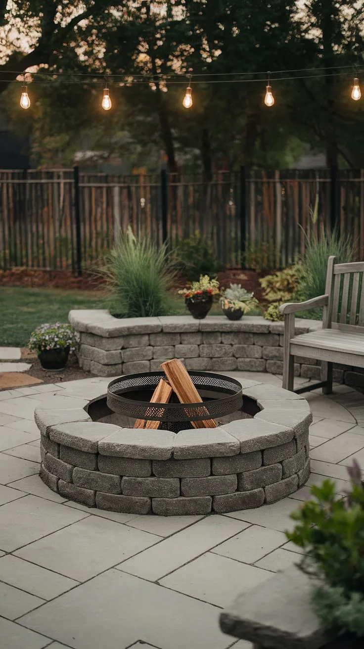 Warm lantern light illuminates a cozy stone fire pit, perfectly nestled in a paved patio backyard.