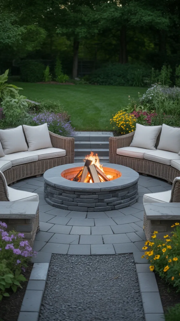 Bloomlit Garden Retreat Around a Cozy Stone Fire Pit