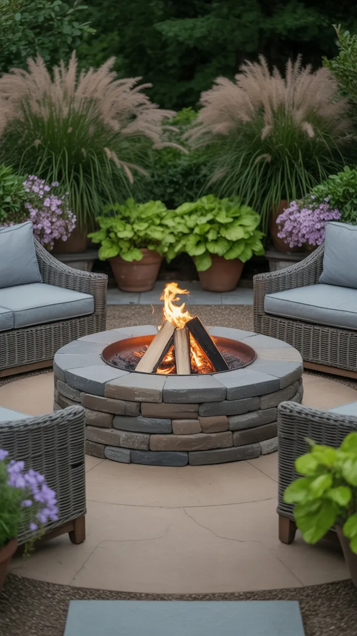 Cozy Stone Fire Pit Retreat Framed by Lush Grasses and Blooming Pots