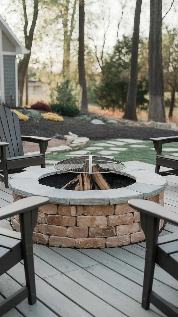 Evening warmth radiates from the backyard's stone fire pit, inviting relaxation