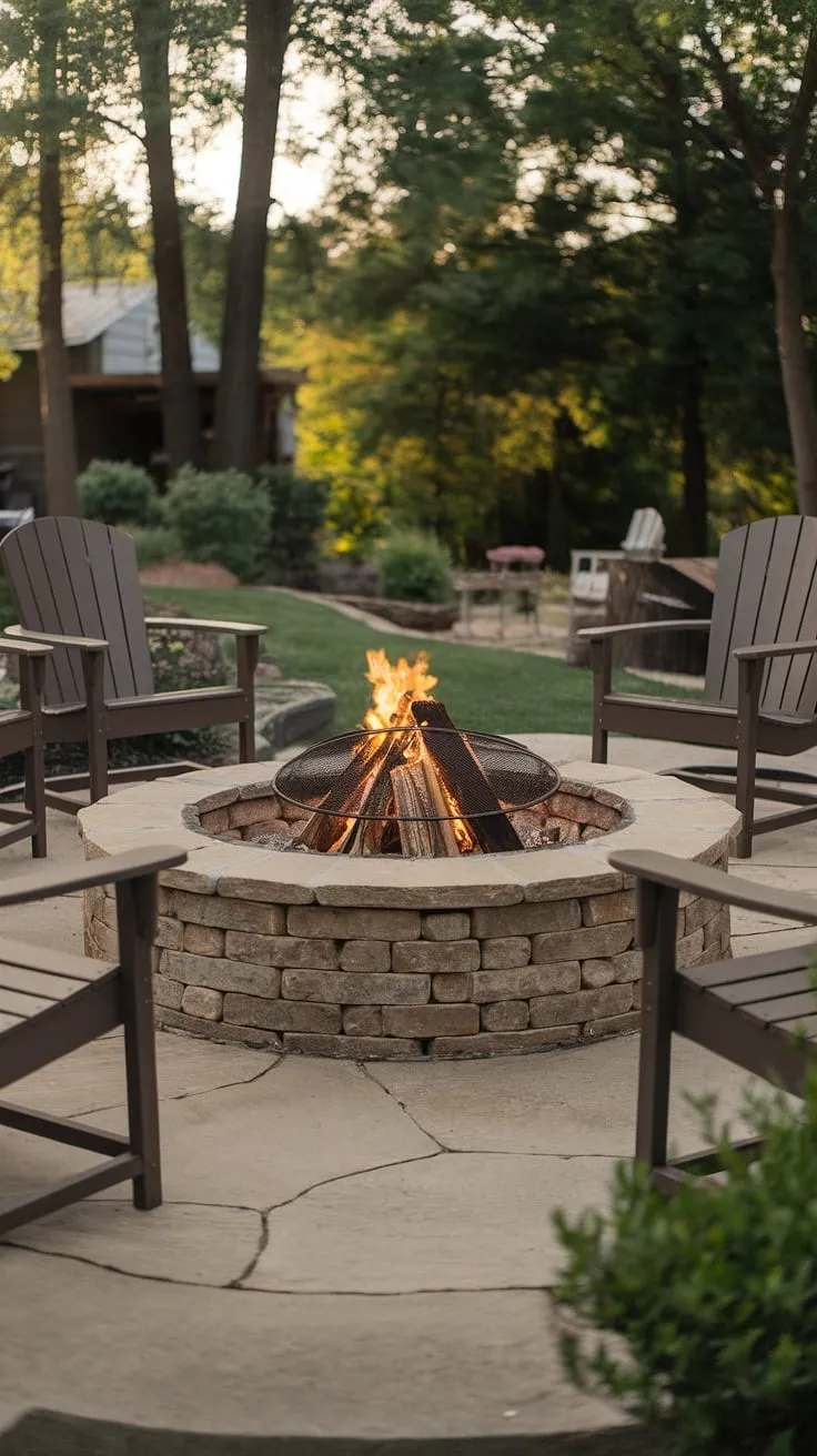 Warm light illuminates a cozy backyard patio scene centered around a stone fire pit, perfect for relaxing evenings.