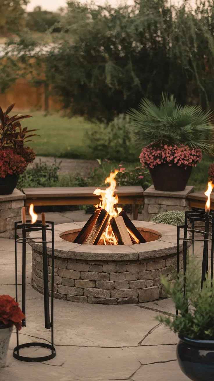 Evening warmth radiates from the stone fire pit, inviting relaxation amidst lush greenery and flickering torchlight.