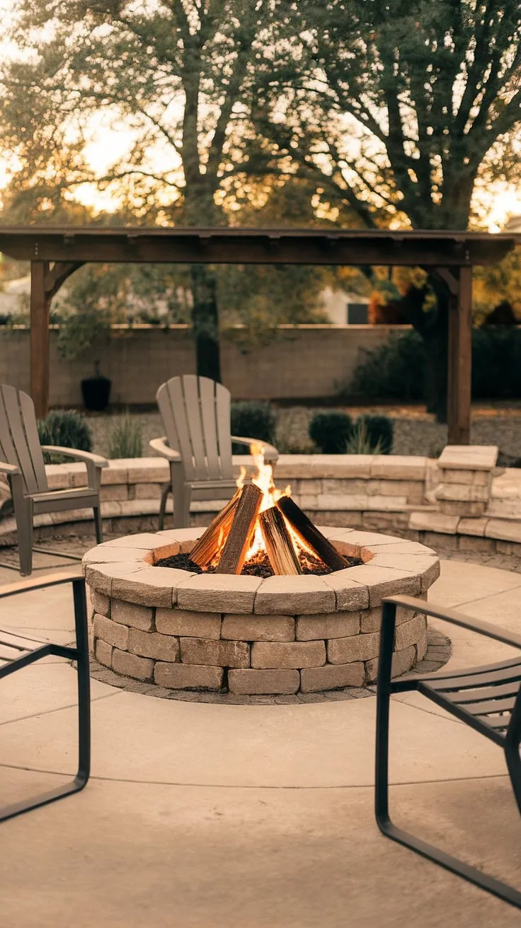A backyard oasis features a cozy stone fire pit encircled by chairs under a wooden shelter, inviting relaxation.