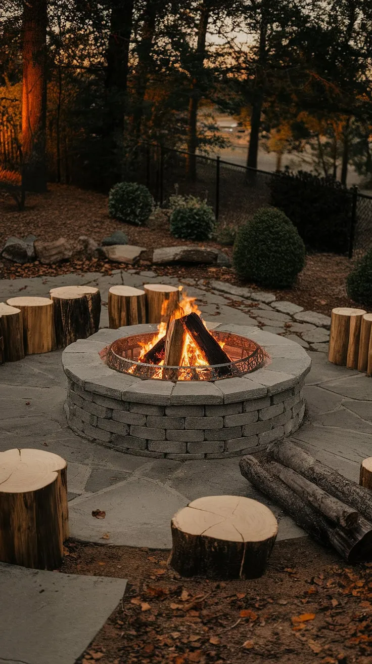 Warm light illuminates a cozy backyard scene featuring a crackling stone fire pit encircled by rustic log seating.