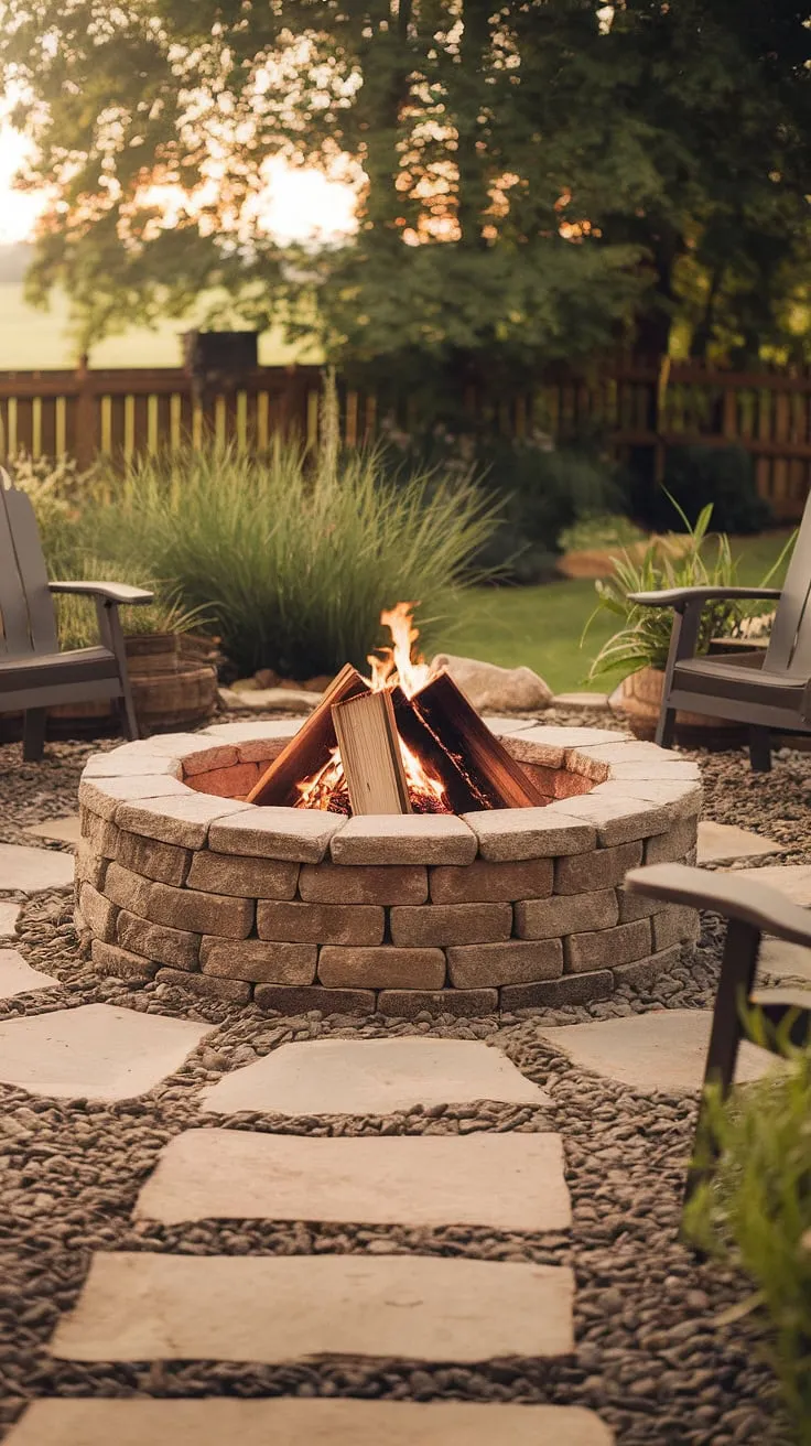 Warm light bathes a tranquil backyard patio scene centered around a stone fire pit