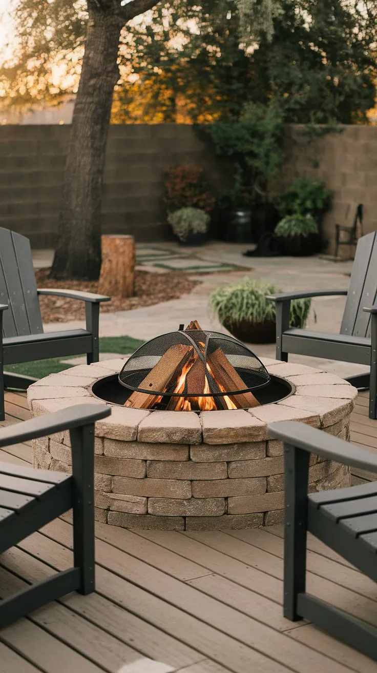 Warm evening light illuminates a cozy stone fire pit encircled by a wooden deck, perfect for outdoor gatherings