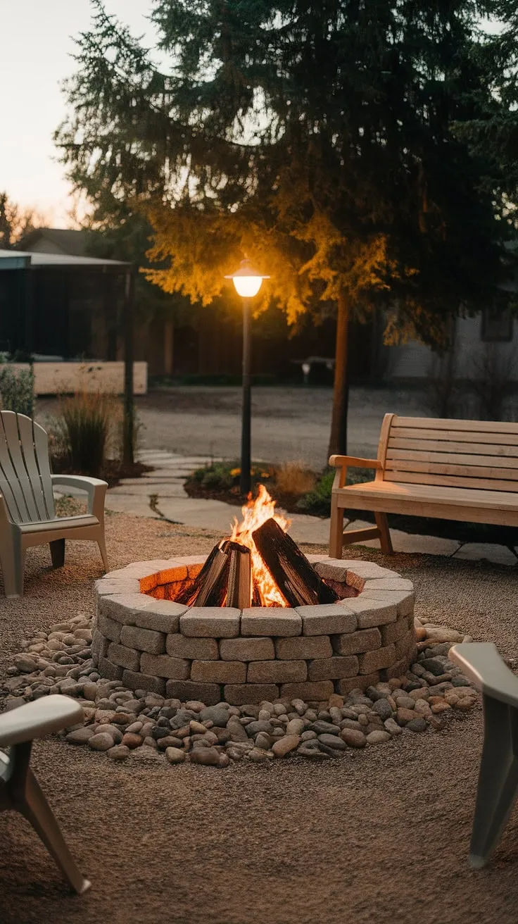 Warm lamplight illuminates a cozy backyard scene featuring a stone fire pit, inviting chairs, and a tranquil gravel setting.